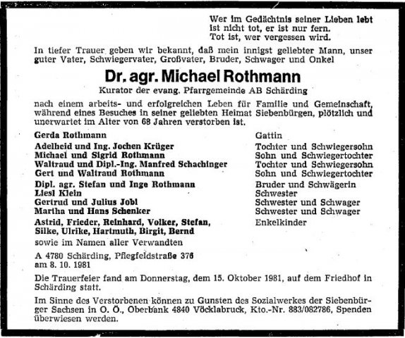 Rothmann Michael 1913-1981 Todesanzeige